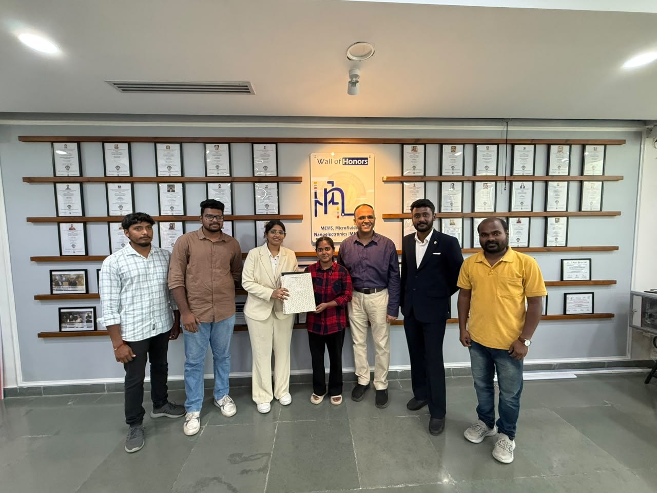 Bollam Rishithej with the VidyuthLabs team and Prof. Sanket Goel's research group at the MEMS, Microfluidics and Nanoelectronics Lab, BITS Pilani Hyderabad Campus